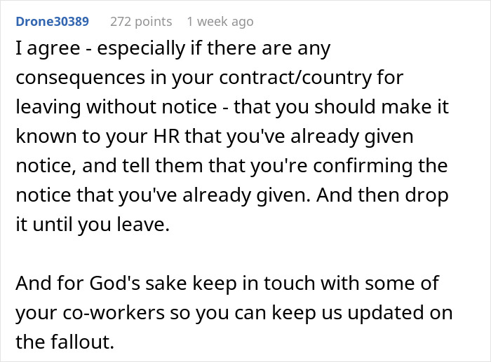 Comment discussing advice on handling a boss pretending never gave notice when leaving a job.