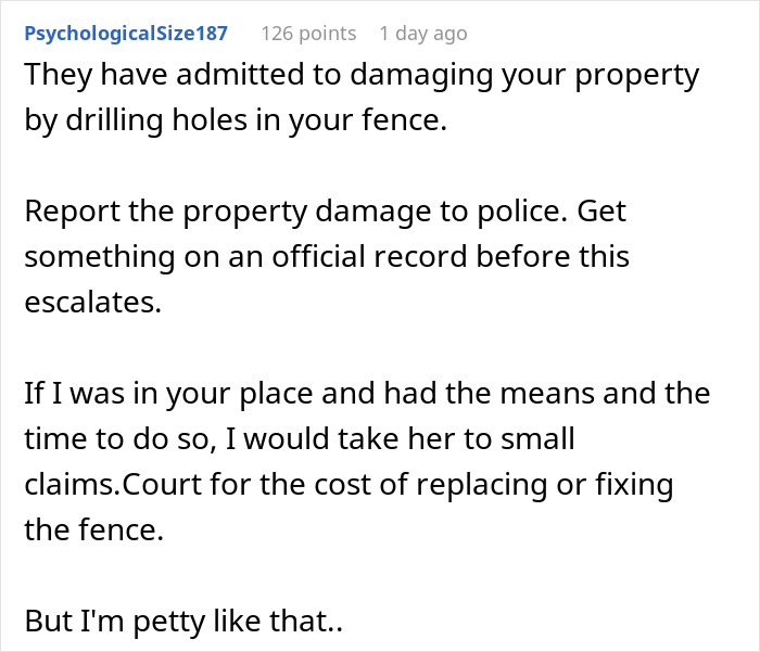 Comment advising reporting neighbor who admitted to drilling holes in fence to spy, then denying taunting dogs.