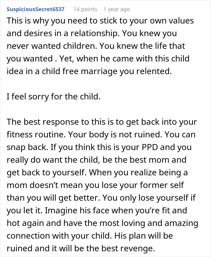 Alt text: Screenshot of a Reddit comment discussing coerced pregnancy and reclaiming a woman's body after cheating and punishment.