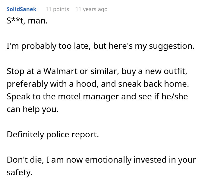 Comment advising someone possibly poisoned by mother to change outfit, seek help, report to police, and prioritize safety.