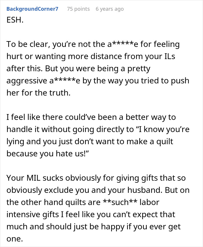 Screenshot of an online discussion about a childfree woman upset over MIL refusing to make her a family quilt. Screenshot of an online discussion about a childfree woman upset over MIL refusing to make her a family quilt.