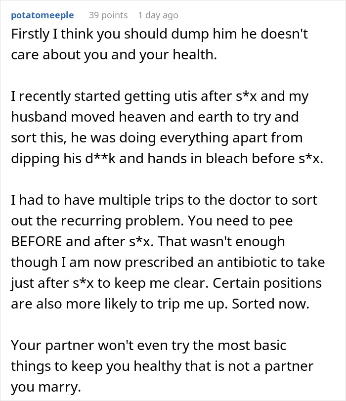 Reddit comment discussing recurring infections and partner refusing testing, causing reconsideration of marriage plans.