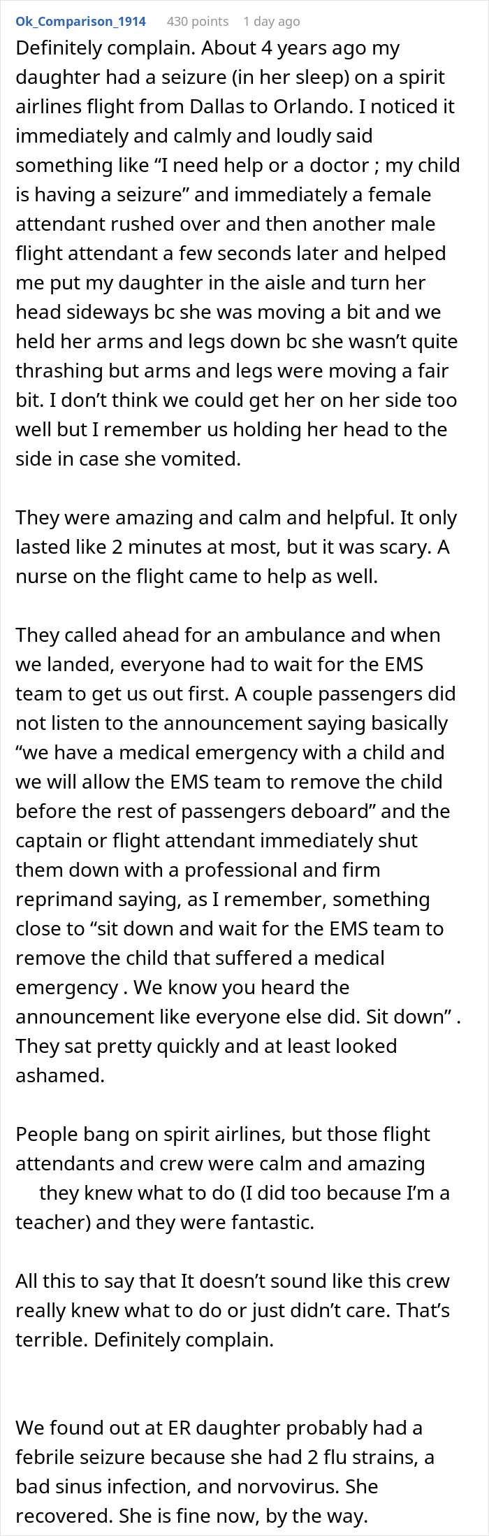 Comment detailing a medical crisis on a Korean Airlines flight with crew accused of failing basic protocols during emergency.