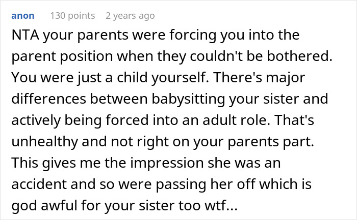 Screenshot of a Reddit comment discussing a 19-year-old forced into parenting a little sister, highlighting unfair family dynamics.