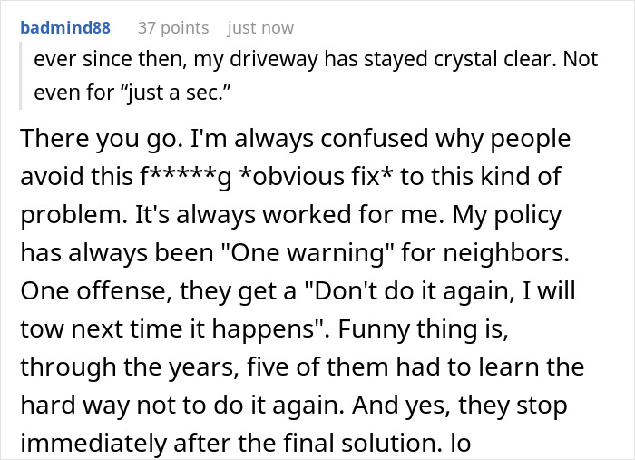 Comment explaining a nurse’s policy for stopping neighbors from using her driveway after long shifts, enforcing strict warnings.