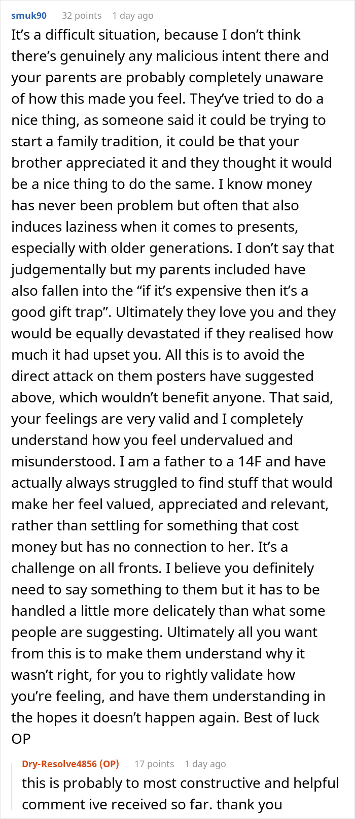 Teen disappointed and deeply hurt by parents gift feeling undervalued and misunderstood on birthday message thread.