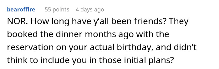 Screenshot of an online comment discussing friends canceling a birthday girl&rsquo;s weekend getaway plans to dine without her.