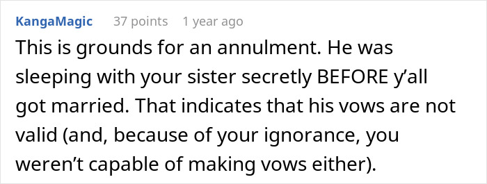 User comment discussing annulment due to husband&rsquo;s dark secret revealed shortly after marriage, causing emotional turmoil.