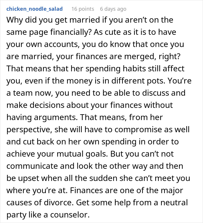 Comment discussing married couple's financial issues and spending habits affecting honeymoon plans and relationship stability.