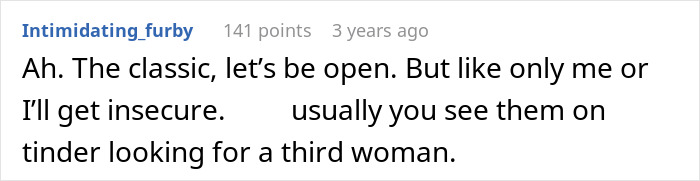 Screenshot of a Reddit comment about open marriage and insecurity regarding partners finding others on Tinder.