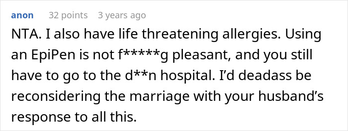 Screenshot of an online comment discussing anaphylaxis risk and a husband siding with his sister despite a no-peanut allergy rule. Screenshot of an online comment discussing anaphylaxis risk and a husband siding with his sister despite a no-peanut allergy rule.