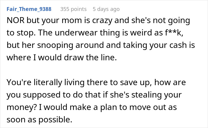 Comment discussing a daughter&rsquo;s reaction to mom stealing underwear and accusations about hiding immoral things.