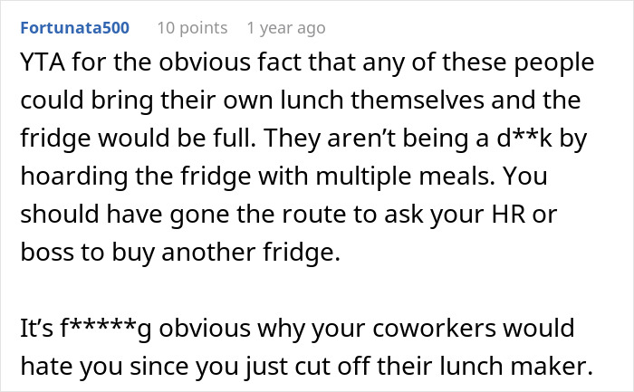 User comment discussing coworker issues about no space to keep lunch in the fridge and reporting to HR. User comment discussing coworker issues about no space to keep lunch in the fridge and reporting to HR.