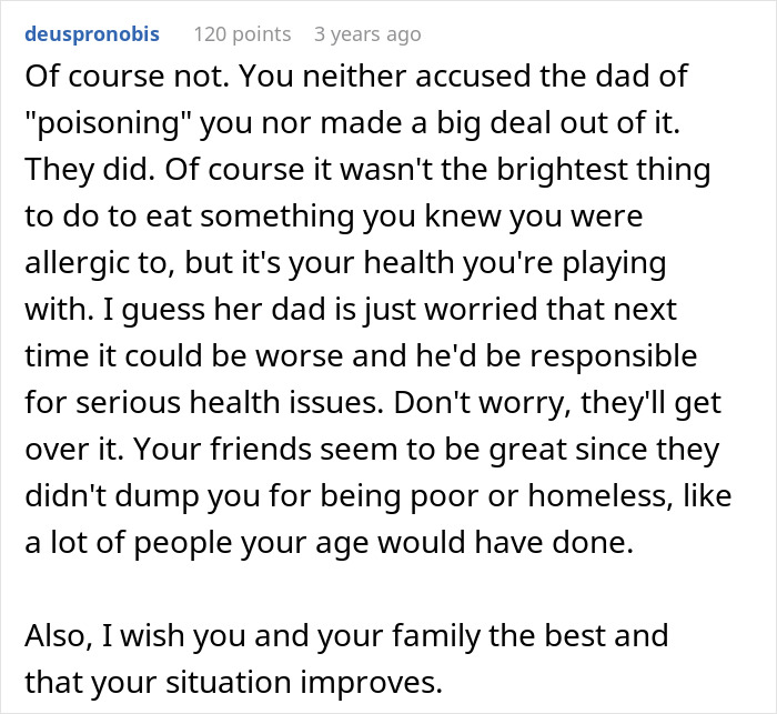 Comment discussing a teen’s allergic reaction at a friend’s house and the health concerns raised by the friend’s dad. Comment discussing a teen’s allergic reaction at a friend’s house and the health concerns raised by the friend’s dad.
