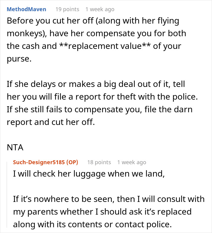 Online conversation about a woman ending a 15-year friendship after a purse incident and discussing compensation steps.