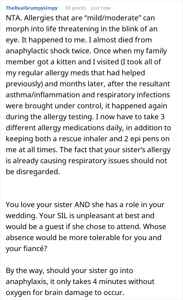 Comment about refusing sister-in-law’s service dog at wedding due to severe allergy risks and respiratory issues. Comment about refusing sister-in-law’s service dog at wedding due to severe allergy risks and respiratory issues.