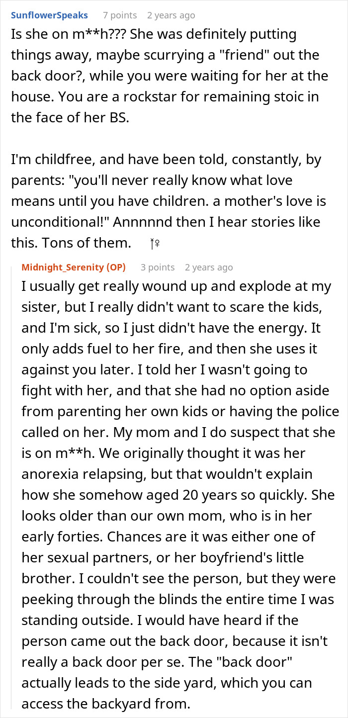 Screenshot of an online discussion where a sister threatens to call the cops after a woman brings her kids home.