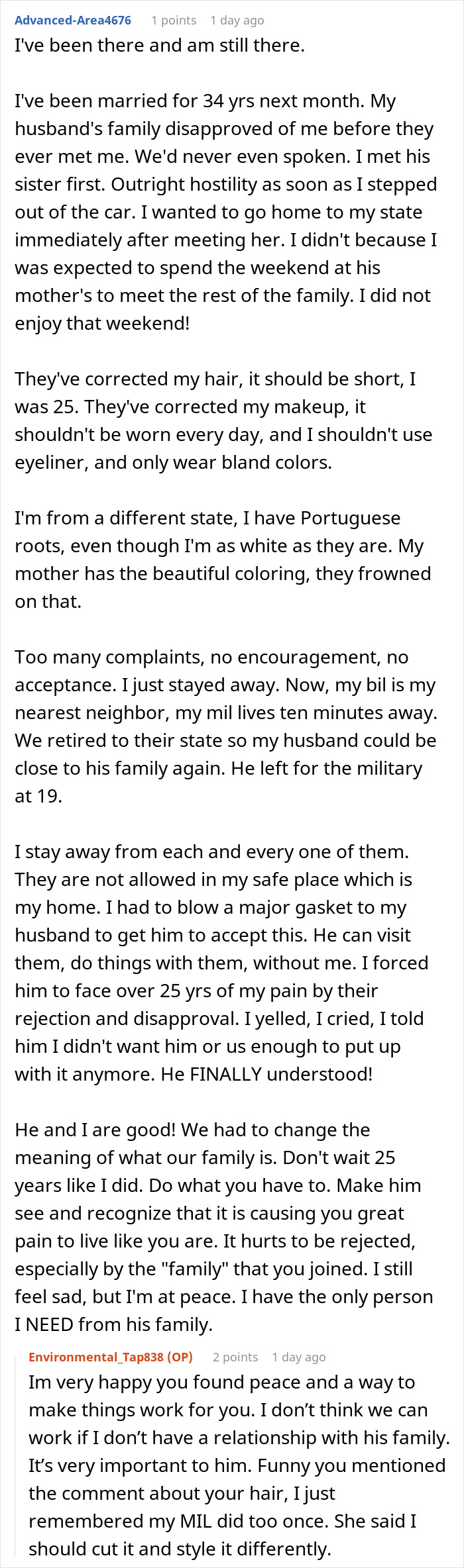 Commenter shares experiences of inlaws pushing boundaries in marriage and the impact on divorce considerations.