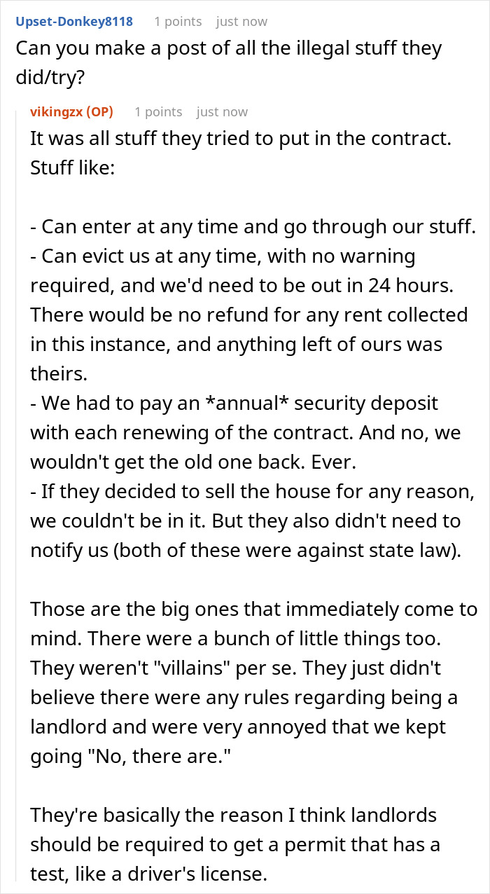 Reddit discussion about landlord malicious compliance involving illegal contract terms and tenant rights violations.