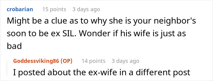 Online forum discussion showing users debating entitled neighbors who blocked a driveway in a family conflict context.