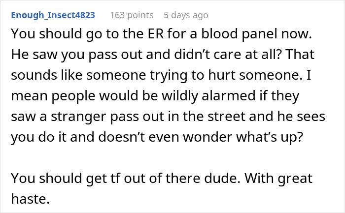Comment text warning about a man stepping over his passed out wife and urging medical help and to leave him quickly.
