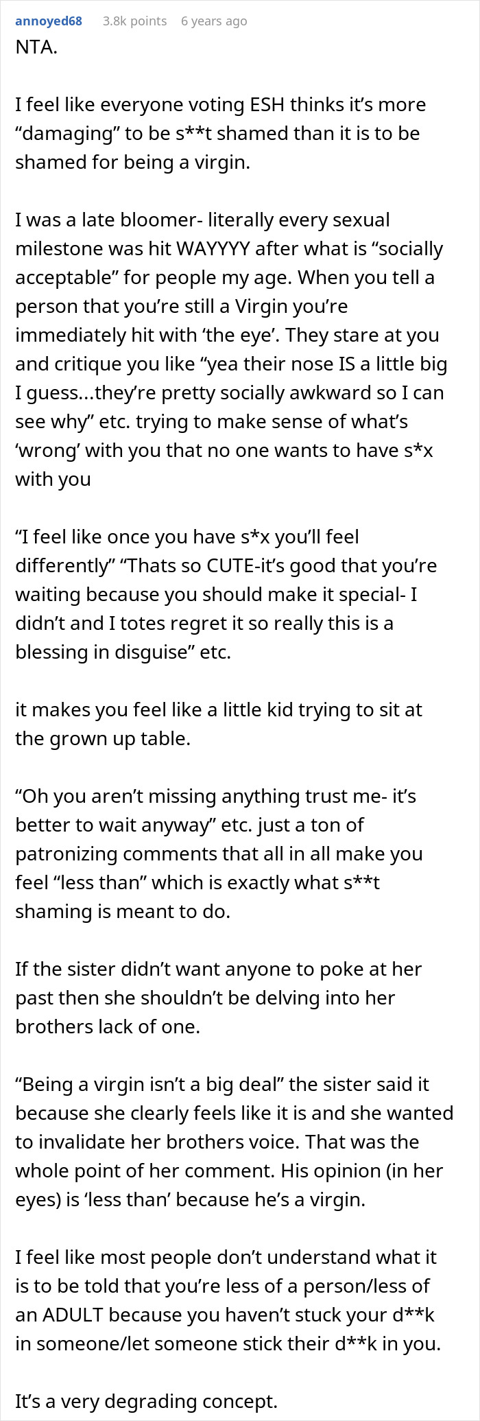 Reddit post discussing social stigma and shaming around virginity and the eldest sister’s promiscuous past revealed. Reddit post discussing social stigma and shaming around virginity and the eldest sister’s promiscuous past revealed.