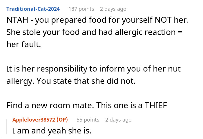 Screenshot of an online discussion about a serial food thief with peanut allergy causing an allergic reaction after stealing roommate&rsquo;s food.