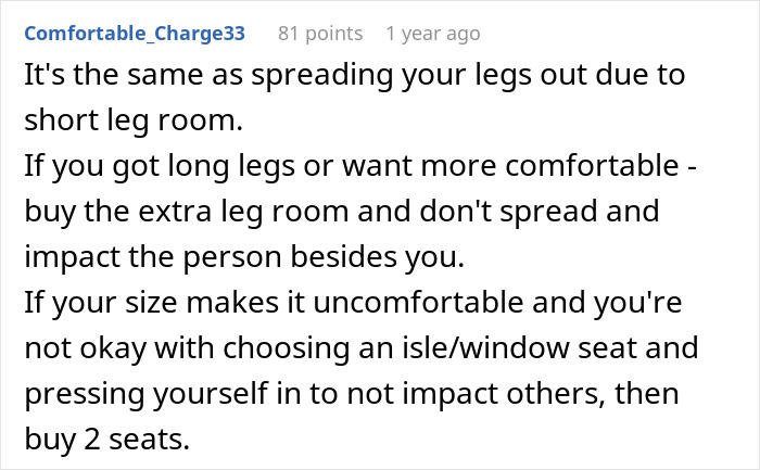 Screenshot of a Reddit comment suggesting an obese person should buy 2 seats on a flight for comfort and space.
