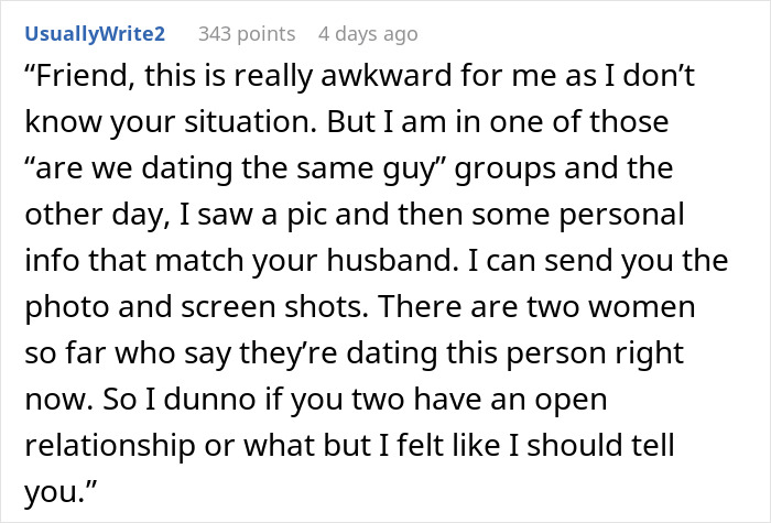 Comment revealing friend&rsquo;s husband dating the same guy, sharing screenshots and concerns in an online discussion thread.