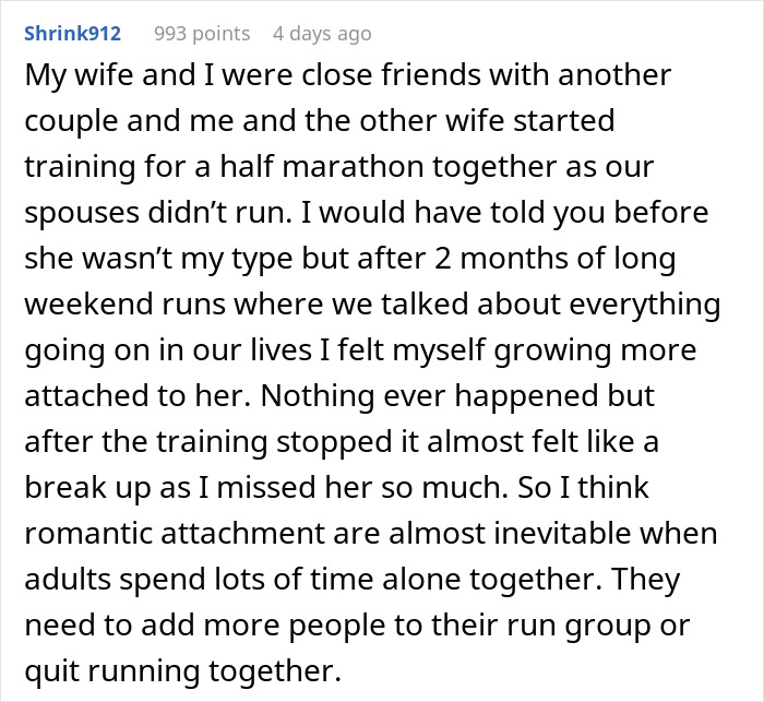 Comment about wife questioning boundaries after husband goes running with divorced mom discussing attachment and running together.