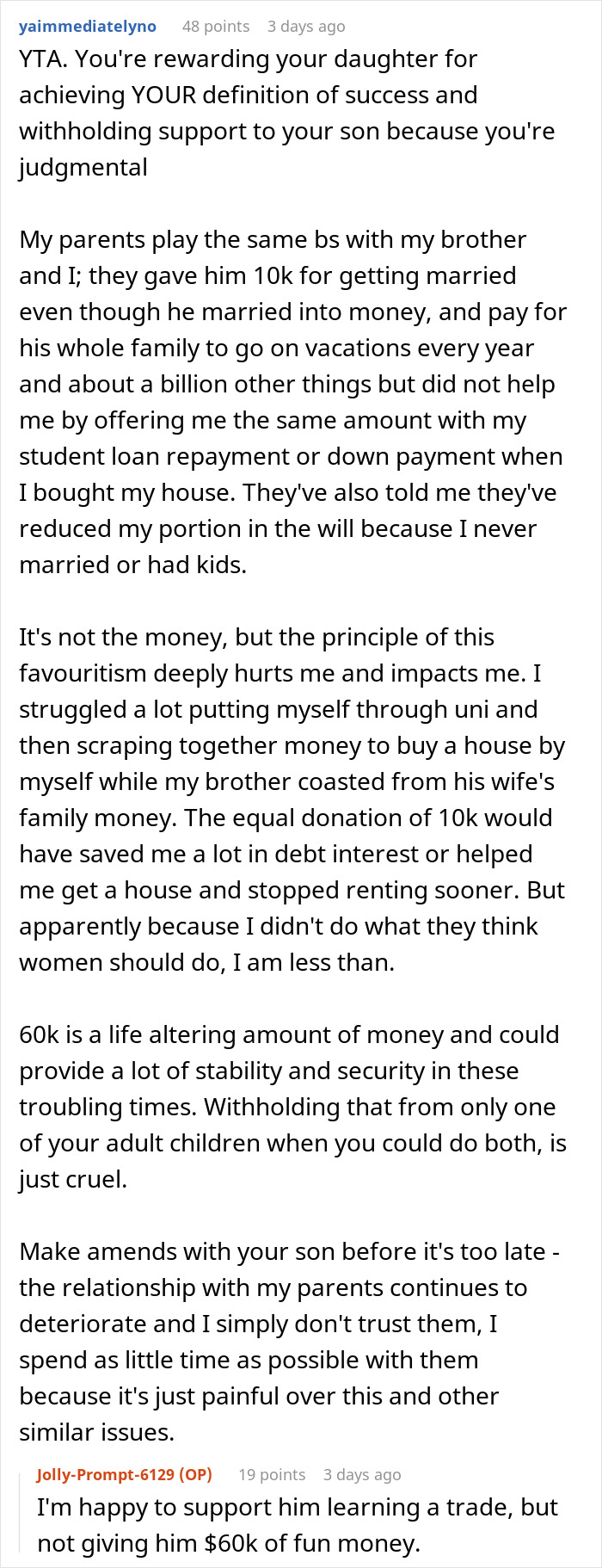 Reddit comment discussing family favoritism and conflict over paying off daughter student loans versus support for son.