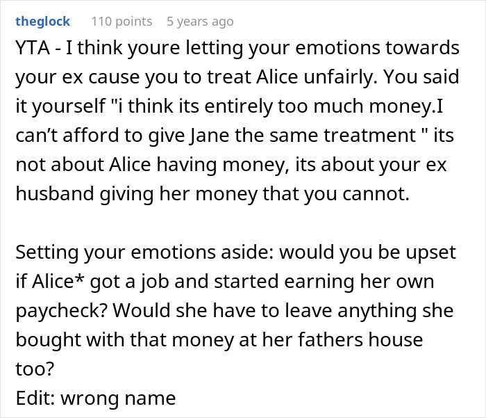 Screenshot of a Reddit comment discussing a mom telling daughter she can&rsquo;t buy items deemed too expensive to be fair to sibling.