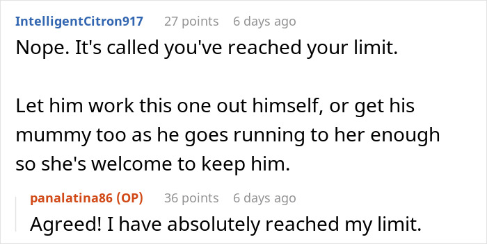 Screenshot of a Reddit conversation about a man expecting his wife to rescue him after missing his flight home.