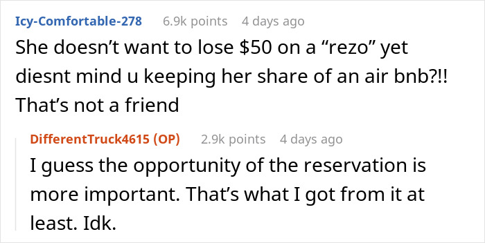 Screenshot of an online discussion about a friend group planning a getaway and canceling plans on the birthday girl.