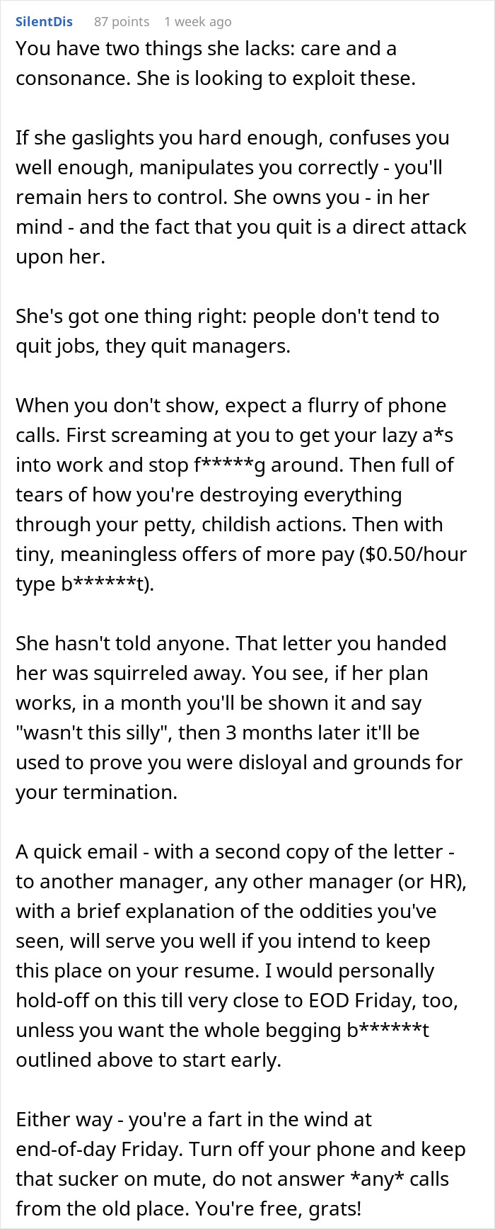 Text post explaining tactics of a boss gaslighting employees and pretending they never received a resignation notice.