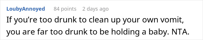 Comment about husband being too drunk to care for baby, highlighting a real problem and mom planning an exit from nursery. Comment about husband being too drunk to care for baby, highlighting a real problem and mom planning an exit from nursery.