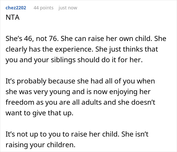 Comment discussing a 46-year-old getting pregnant and expecting adult kids to help raise her child.