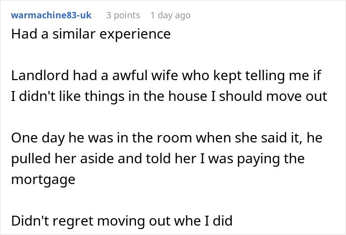 Commenter shares a story about a landlord&rsquo;s wife telling them to move out despite paying the mortgage.