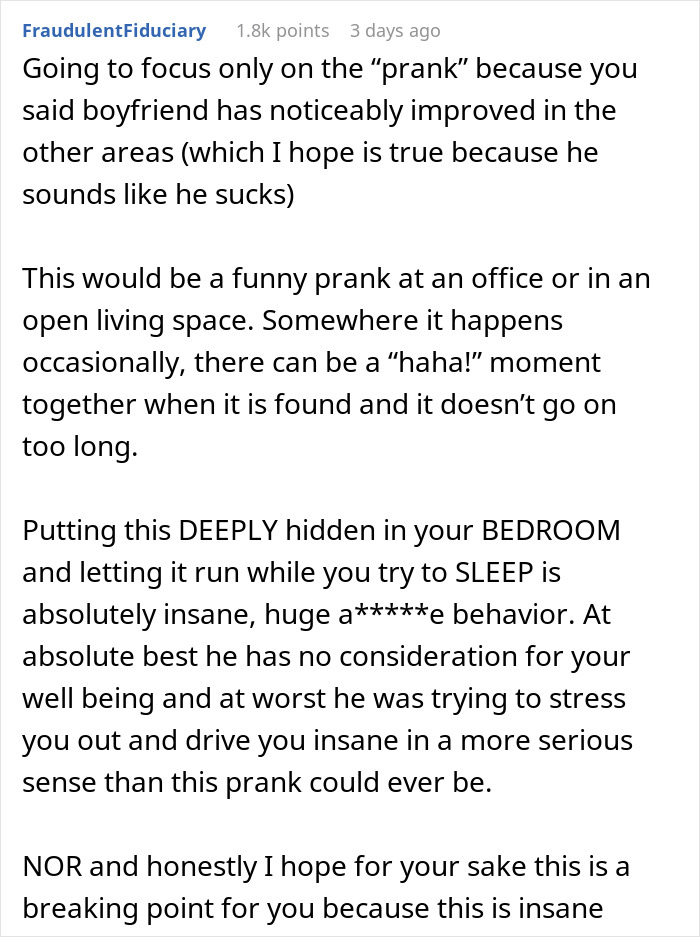Comment discussing a prank involving a hidden device planted by a boyfriend in a bedroom closet, emphasizing its impact on wellbeing.