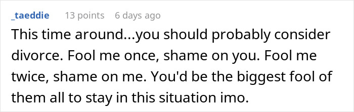 Screenshot of a Reddit comment warning about nannying his girlfriend&rsquo;s children for free and growing suspicion of husband&rsquo;s coworker.