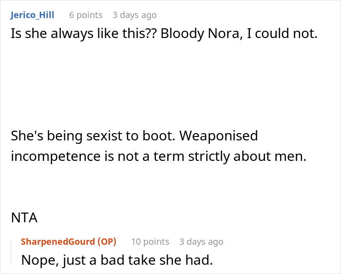 Screenshot of an online discussion about weaponized incompetence with users debating gender and behavior. Screenshot of an online discussion about weaponized incompetence with users debating gender and behavior.