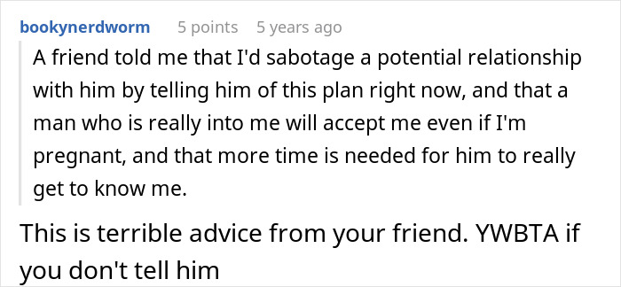 Text conversation about a woman debating hiding artificial insemination plans from her date and her desire to be a mother.