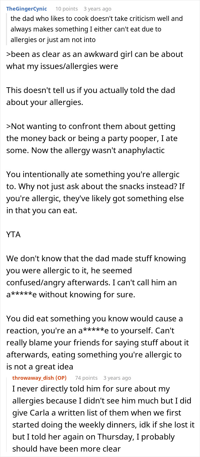 Screenshot of online discussion about a teen’s allergic reaction at a friend’s house and related conflict over eating. Screenshot of online discussion about a teen’s allergic reaction at a friend’s house and related conflict over eating.