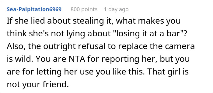 Reddit comment discussing a man catching a friend stealing his boyfriend&rsquo;s camera and confronting her behavior.