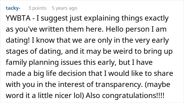 Screenshot of an online discussion about a woman debating hiding artificial insemination plans from a date.