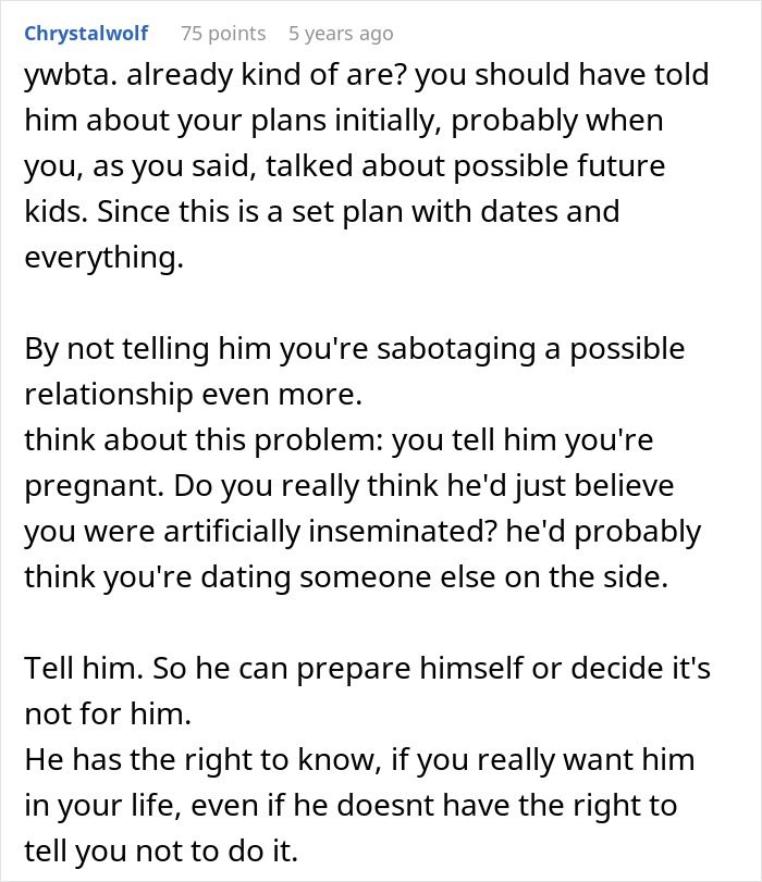 User comment discussing a woman debating hiding artificial insemination plans from her date and relationship honesty.