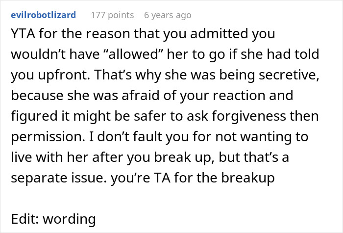 Commenter explains reaction to woman planning solo trip secretly, leading to breakup with partner just days before leaving. Commenter explains reaction to woman planning solo trip secretly, leading to breakup with partner just days before leaving.