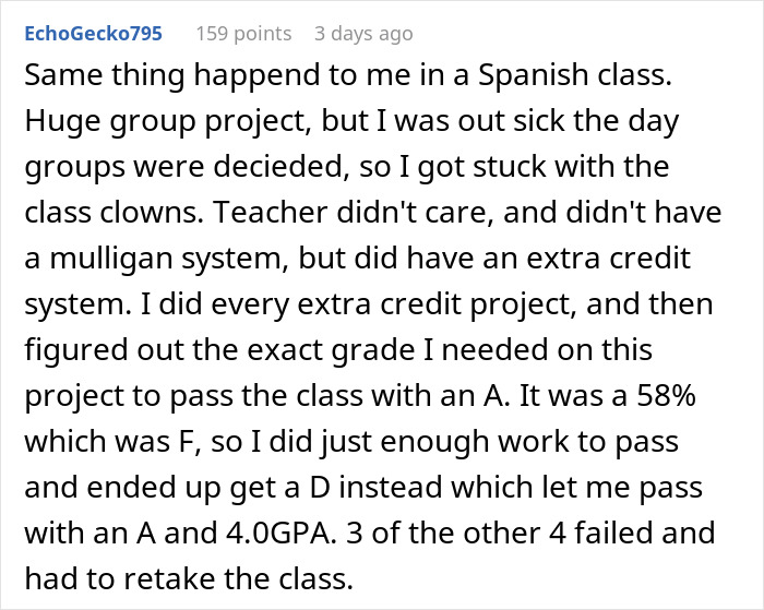 Comment about group project fails due to lazy teammates expecting the smart one to do everything.