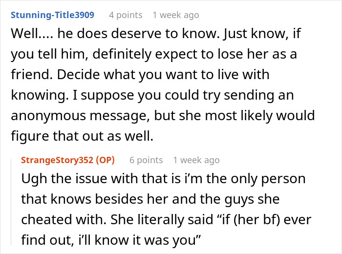 Reddit conversation showing a woman exposing her best friend&rsquo;s affair to her boyfriend and warning about consequences.
