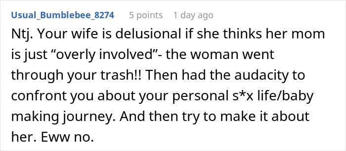 Comment text revealing a mother-in-law banned from visiting after secretly digging through a couple&rsquo;s trash and confronting them.